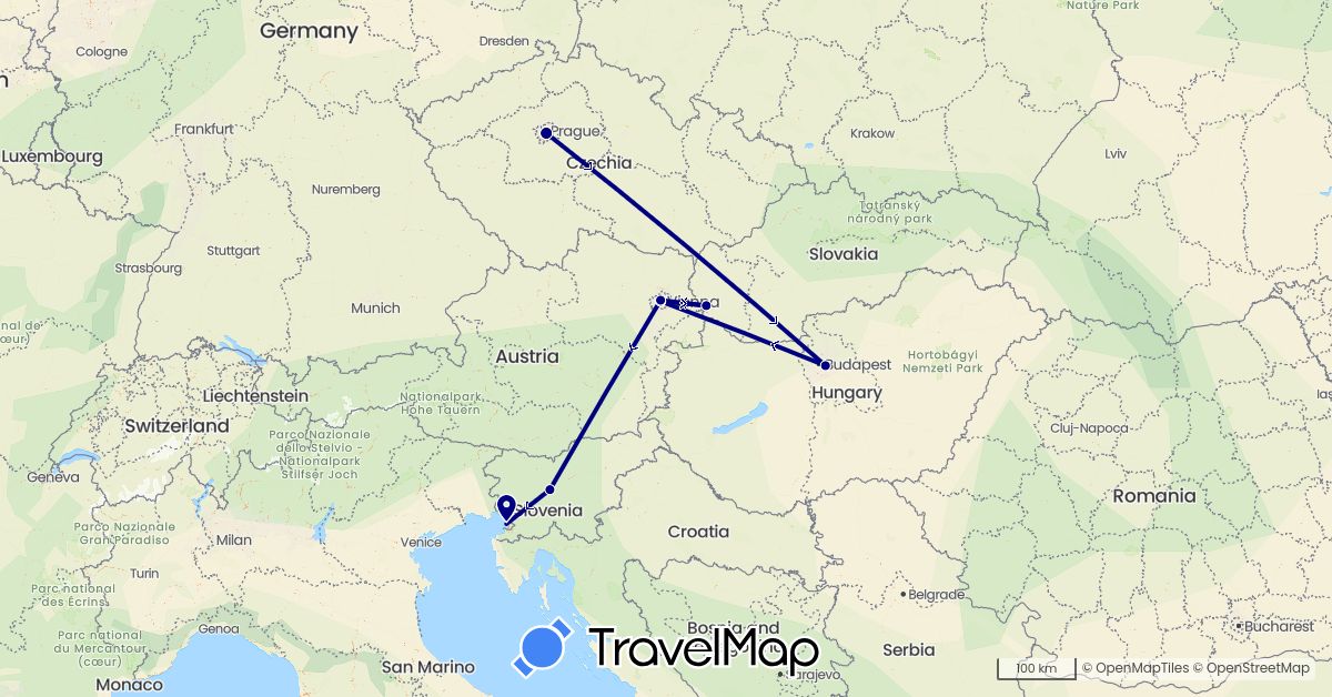 TravelMap itinerary: driving in Austria, Czech Republic, Hungary, Italy, Slovenia, Slovakia (Europe)